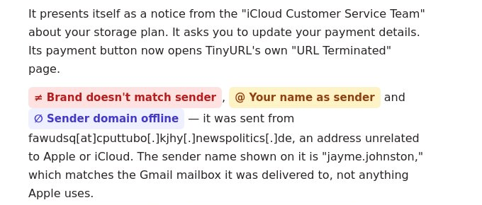 A slice of the investigation summary with the labels Brand doesn't match sender, Your name as sender, and Sender domain offline highlighted inline.