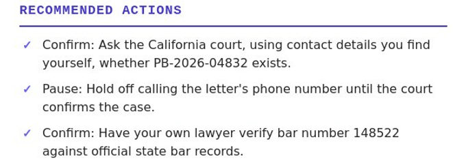 The top of a real check: a Recommended Actions heading followed by three checkmark steps, including confirming the case directly with the court before calling the number printed on the letter.