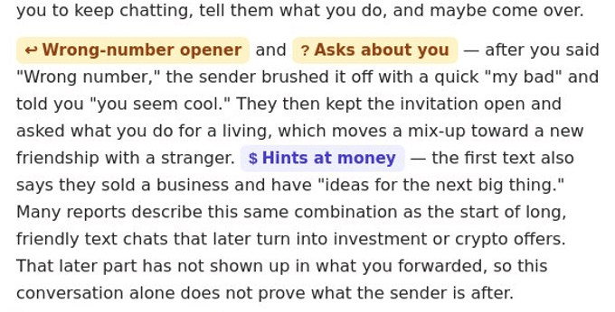 A slice of the investigation summary with the labels Wrong-number opener, Asks about you, and Hints at money highlighted inline.
