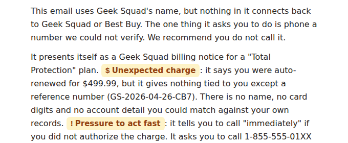 A slice of the investigation summary with the labels Unexpected charge and Pressure to act fast highlighted inline.
