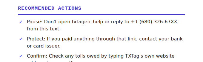 The top of a real check: a Recommended Actions heading followed by three checkmark steps, including not opening the link or replying to the number the text was forwarded from.