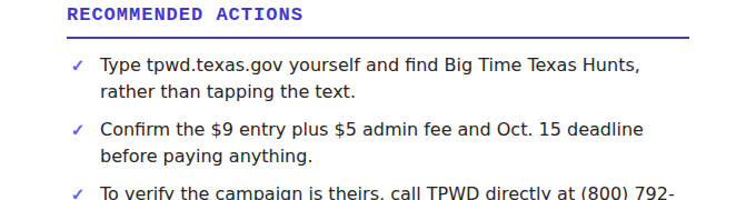 The top of a real check: a Recommended Actions heading followed by three checkmark steps, including typing tpwd.texas.gov in yourself rather than tapping the text.