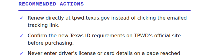 The top of a real check: a Recommended Actions heading followed by three checkmark steps, including renewing directly at tpwd.texas.gov instead of the emailed tracking link.