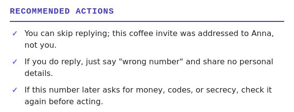 The top of a real check: a Recommended Actions heading followed by three checkmark steps, including skipping a reply to a text addressed to someone else.